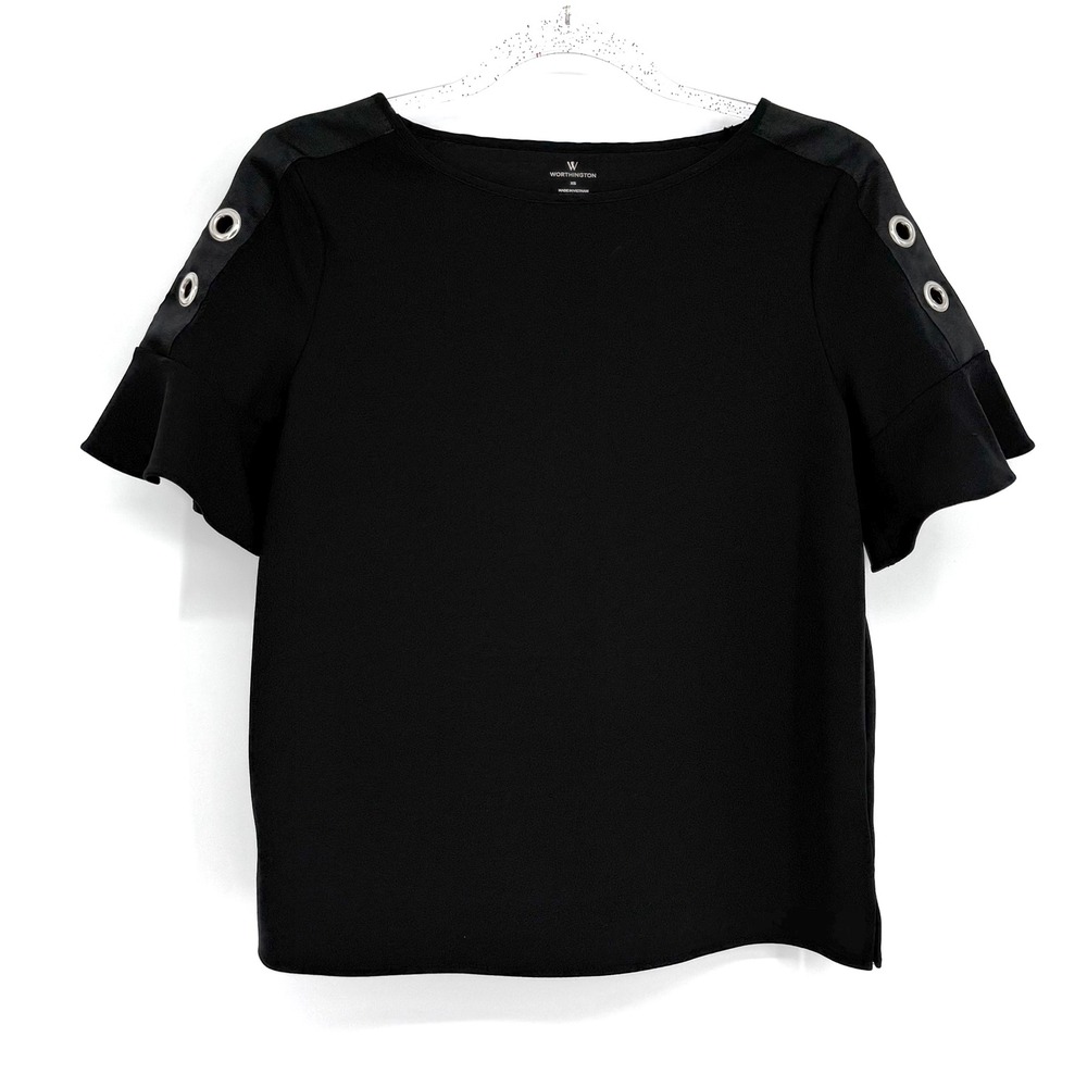 Worthington Womens Black Grommet Shoulder Ruffle Sleeve Blouse Top‎ Sz XS